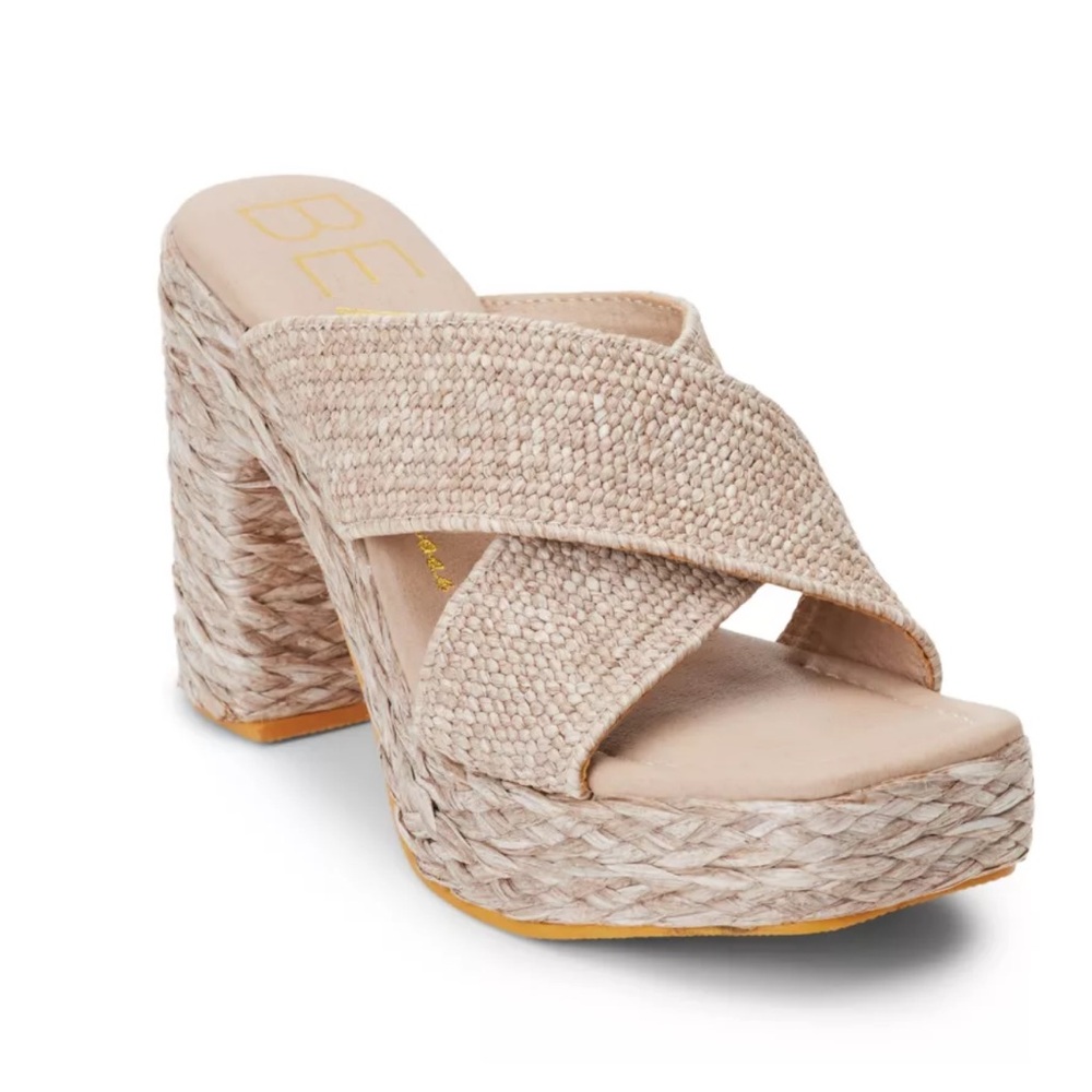 Beige Woven Platform Slide Heels - Women